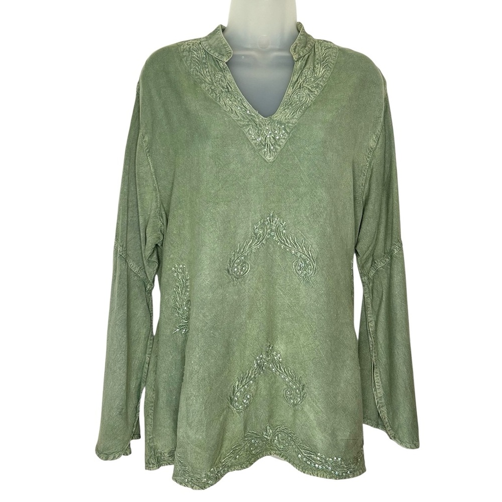 BRAJA  Women Size 1L Green Embellished Romantic‎ Fairy Boho Peasant Top Blouse.